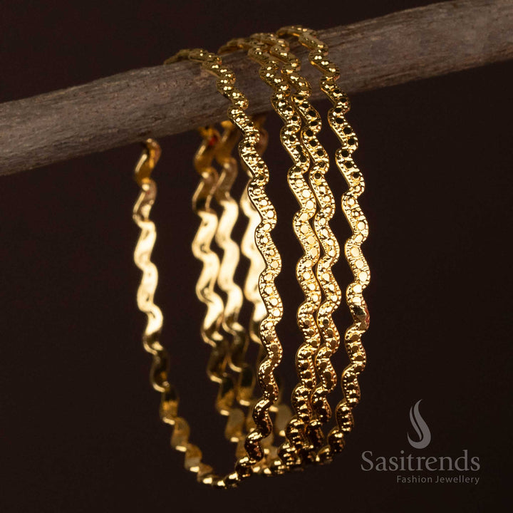 Micro Gold Plated Set of 4 Designer Wavy Textured Bangles – One Gram – Guaranteed – Using 24 Carat Pure Gold – Look Like Real Gold - Sasitrends