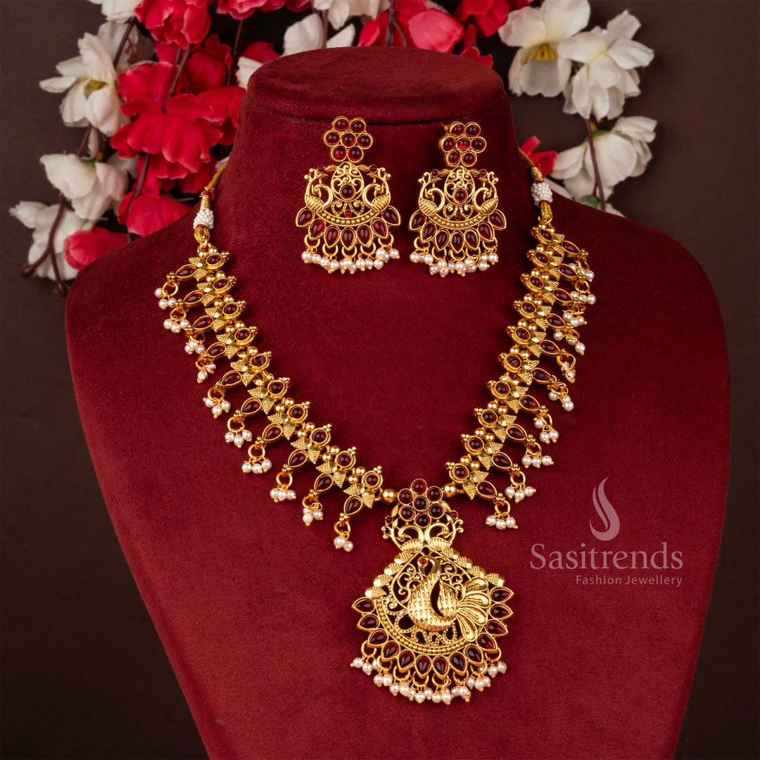 Classic ruby matte gold floral necklace jewellery set with peacock pendant, perfect for traditional bridal and festive wear - Sasitrends
