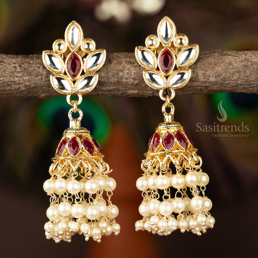 Traditional Gold Plated Maroon and White Stone Stud Kundan Jhumka Pearl Earrings Sasitrends Online