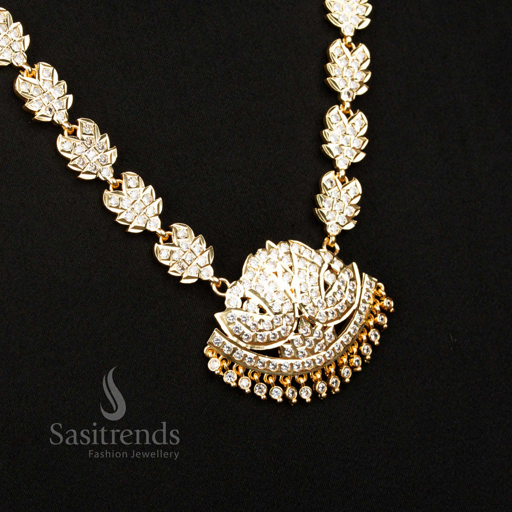 Gorgeous Traditional Impon Addigai Micro Gold Plated White Long Haram Necklace With Leaf Lotus Motifs Designed For Ethnic And Party Wear - Sasitrends