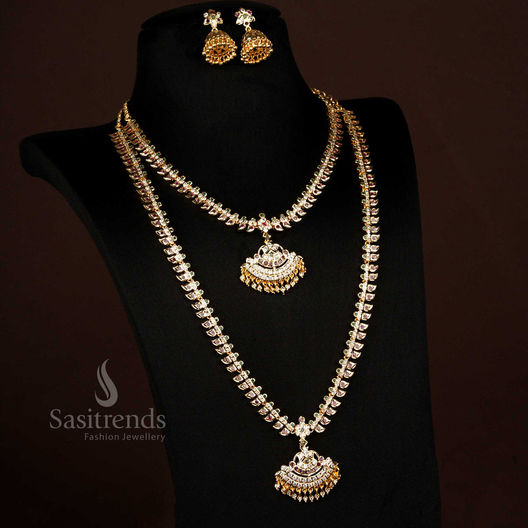 Gorgeous Traditional Impon Addigai One Gram Micro Gold Plated Multi Mango Design Short Long Combo Set With Jhumka Earrings Created For Festivals And Parties - Sasitrends