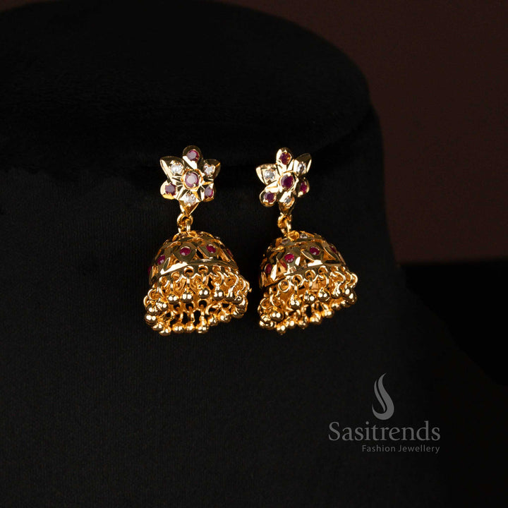 Elegant Handcrafted Impon Addigai One Gram Micro Gold Plated White-Ruby Mango Design Jhumka Earrings Ideal For Wedding And Cultural Occasions - Sasitrends