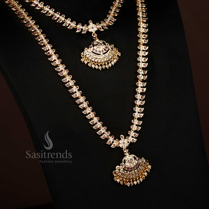 Handcrafted Impon Addigai One Gram Micro Gold Plated White-Ruby Mango Design Short Long Combo Set With Jhumka Earrings Ideal For Bridal And Cultural Events - Sasitrends