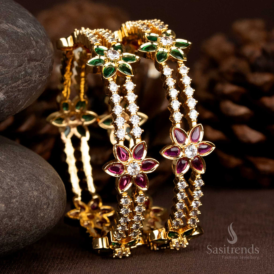 Gorgeous multi-colour AD floral bangles featuring one gram micro gold plating, a vibrant ethnic piece perfect for festive occasions and saree jewellery – Sasitrends