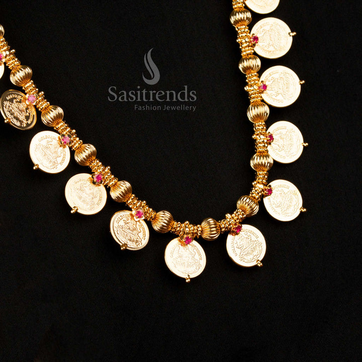 Regal micro gold plated Lakshmi coin long necklace set inspired by temple jewellery designs with a real gold appearance - Sasitrends