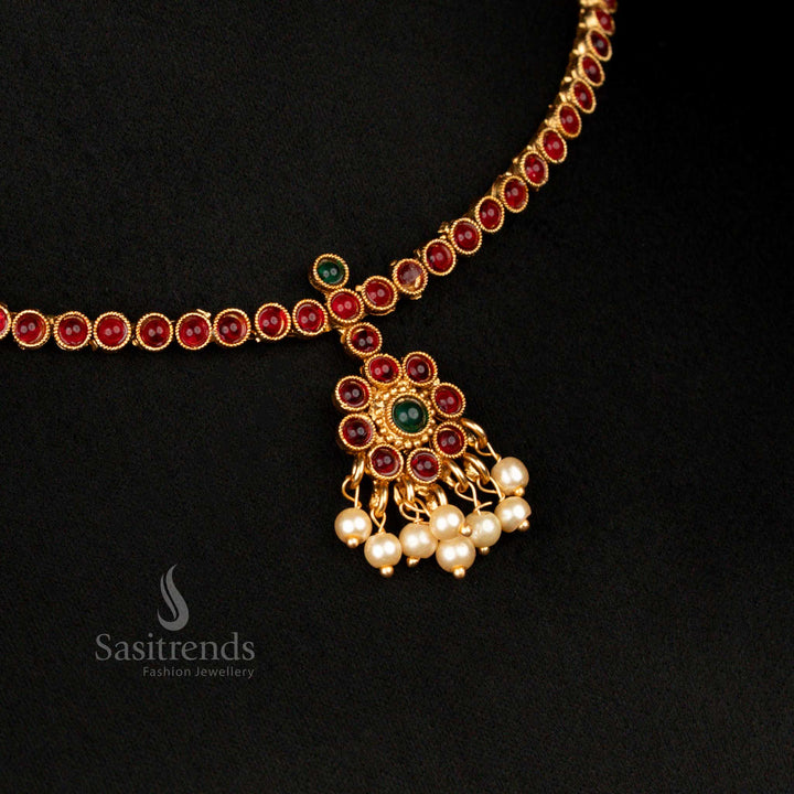 Elegant ruby-green matte gold plated temple necklace featuring a floral round pendant and pearl accents – festive jewellery crafted for grandeur – Sasitrends