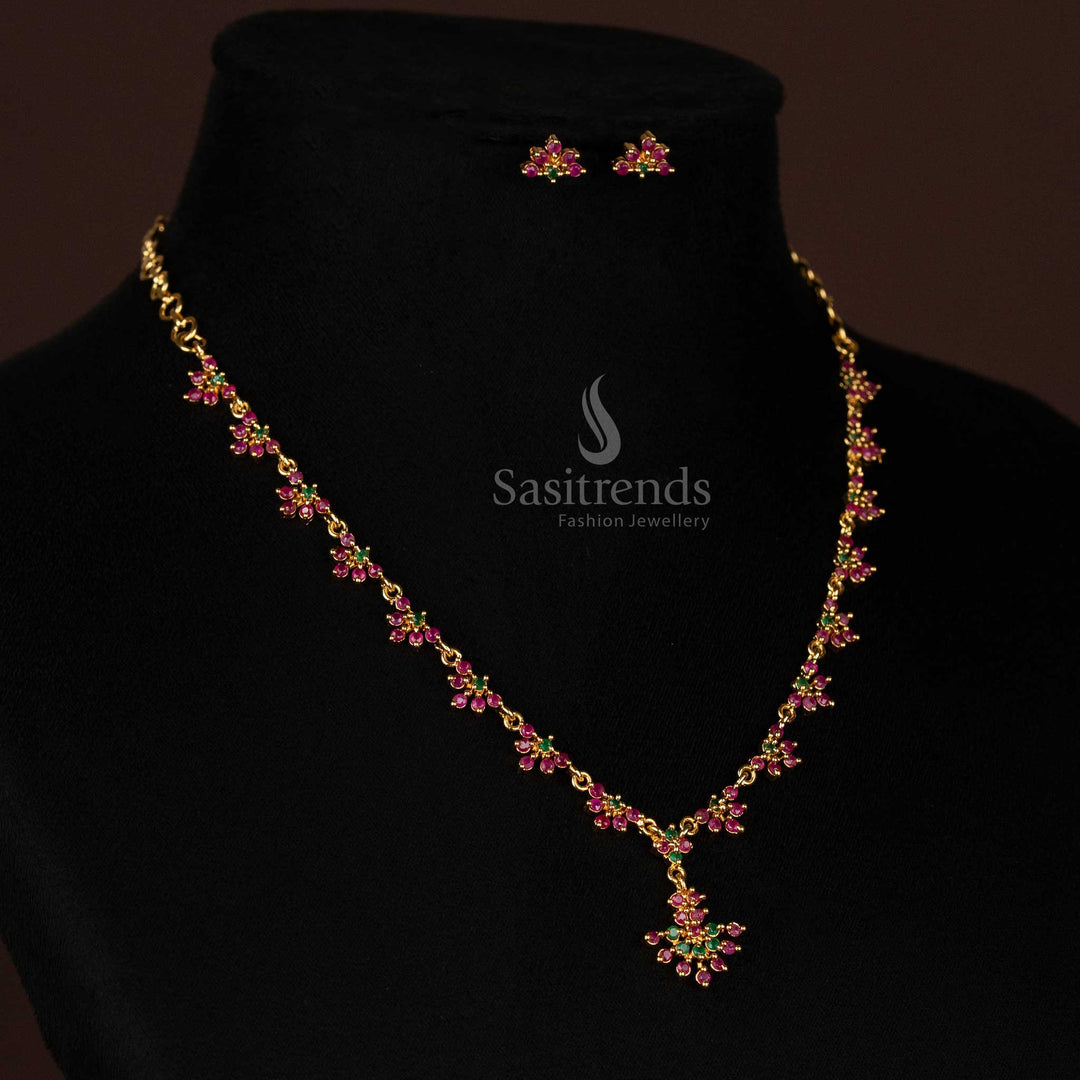 Grand Ruby Green American Diamond Micro Gold Plated Floral Cluster Necklace Set With Festive Charm Jewellery - Sasitrends