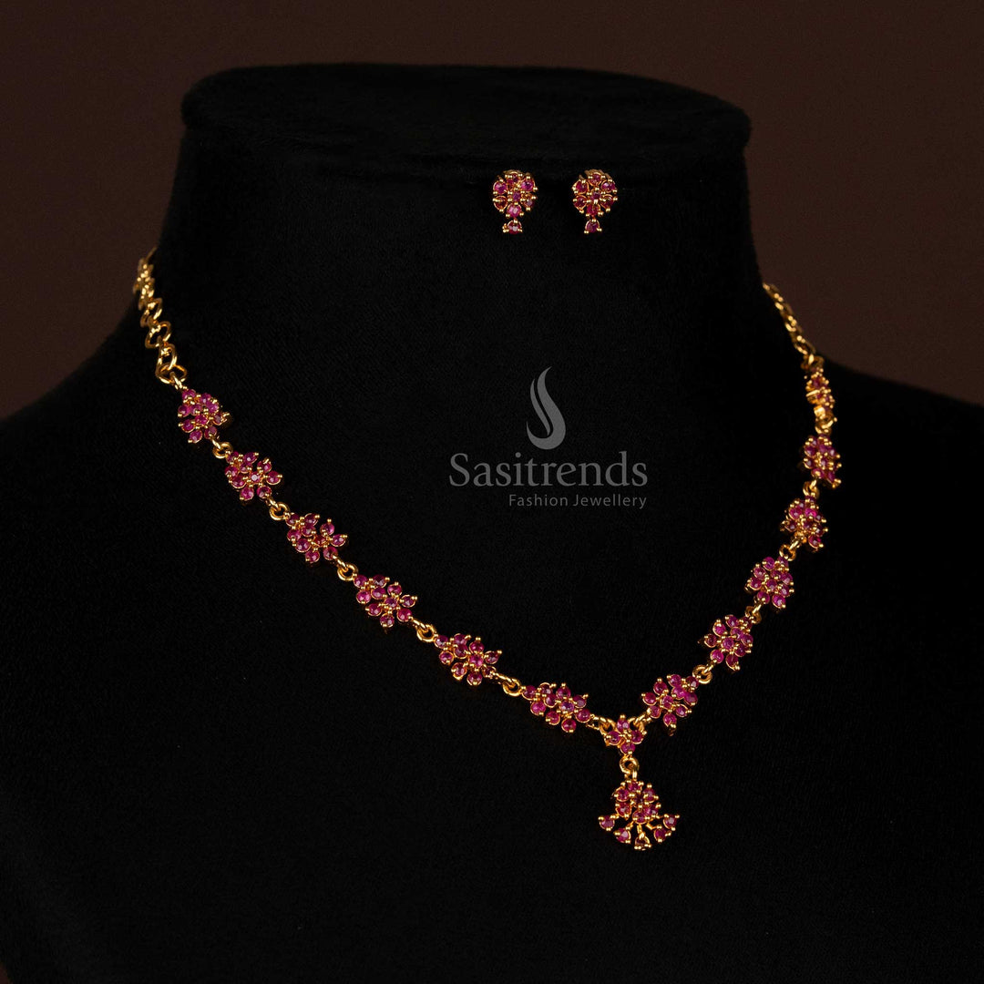 Majestic Ruby Stone Micro Gold Plated Floral Cluster Necklace Set With Dazzling American Diamond Frame And Traditional Handcrafted Jewellery Appeal Looks Like Real Gold - Sasitrends