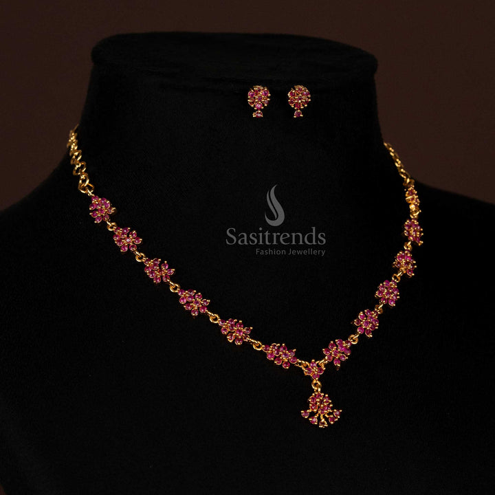 Majestic Ruby Stone Micro Gold Plated Floral Cluster Necklace Set With Dazzling American Diamond Frame And Traditional Handcrafted Jewellery Appeal Looks Like Real Gold - Sasitrends