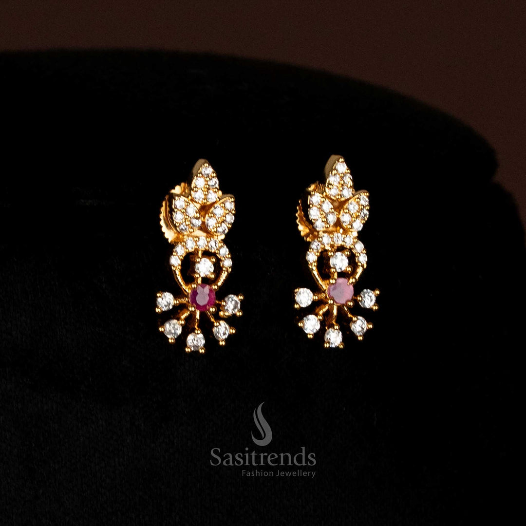 Classic Ruby American Diamond Micro Gold Plated Floral And Wave Motif Necklace Set Perfect For Festive Jewellery - Sasitrends