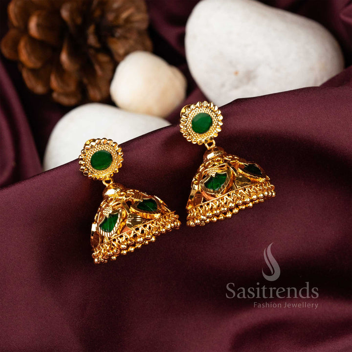 Elegant green Kerala traditional 5 katta Palakka jhumka earrings finished in micro gold plating, a timeless accessory for girls to style during Onam wear - Sasitrends