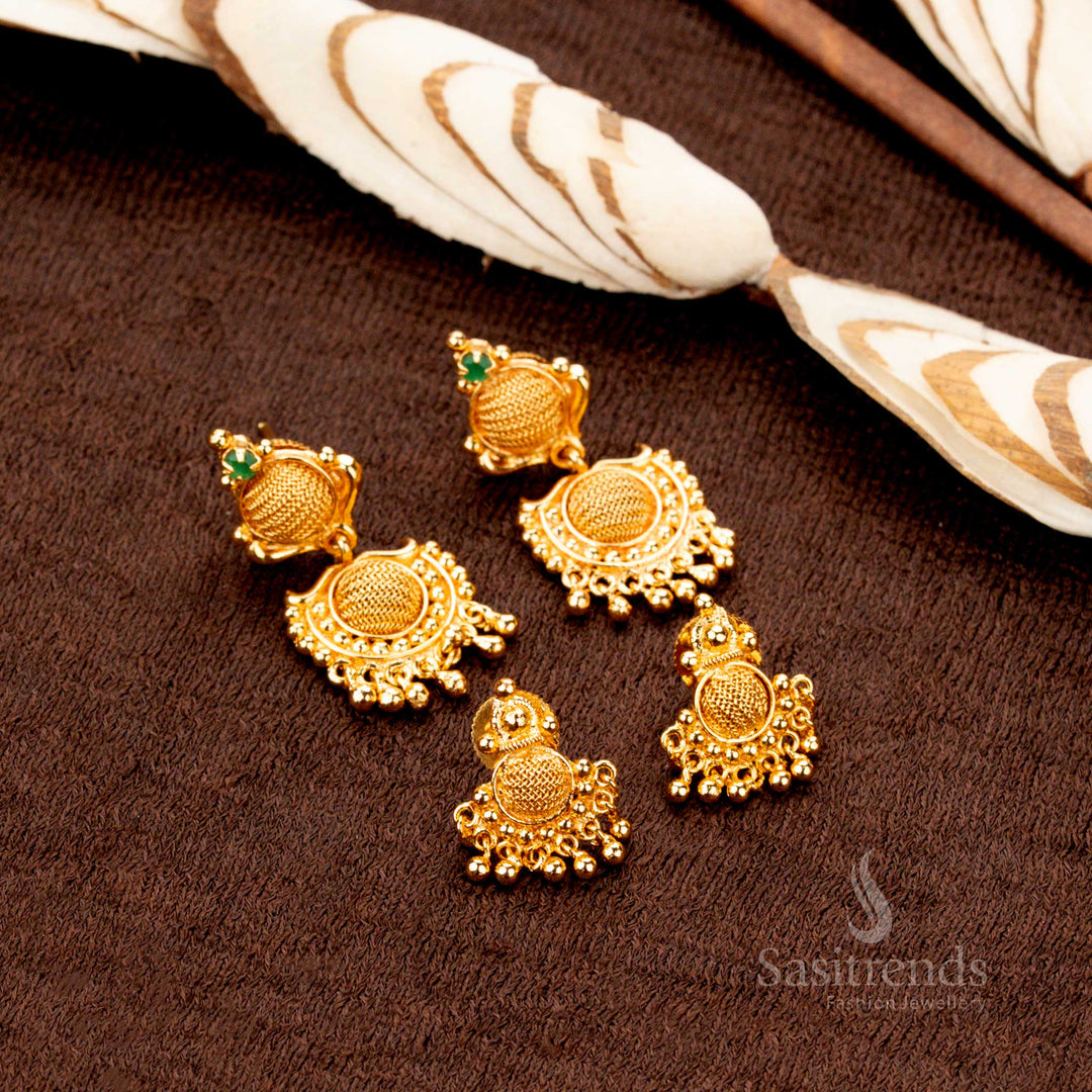 Bottle green earrings set with moon-shaped drops and circular mesh in micro gold finish – regal touch ethnic jewellery from sasitrends