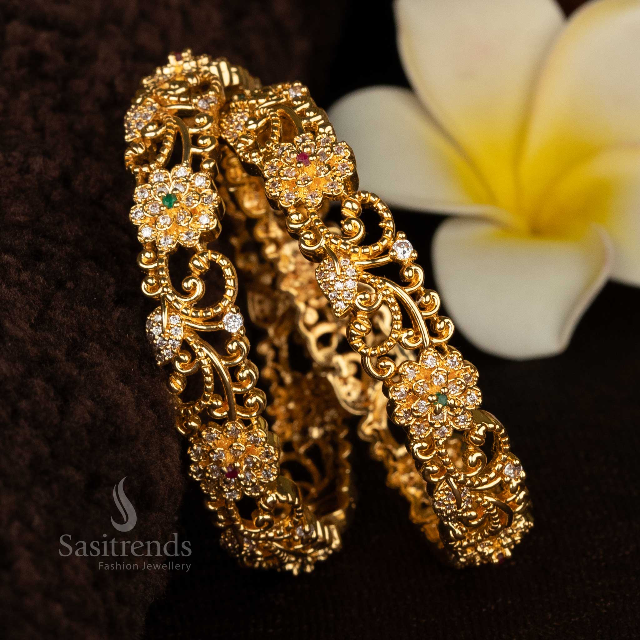 Sasitrends Exquisite Traditional Guaranteed Gold Plated Floral Bangles with Intricate Stone Detailing For Wedding Wear