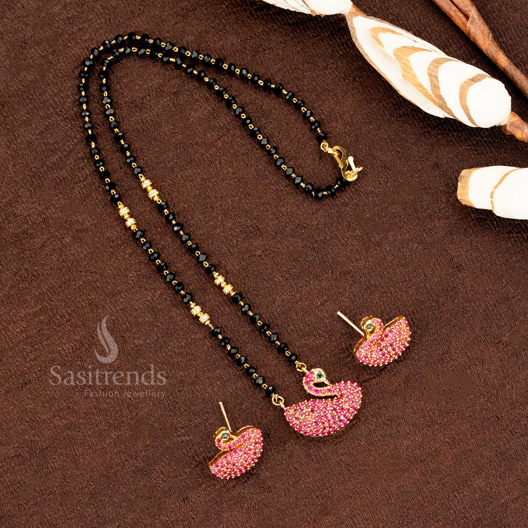 Micro Gold Plated Swan Ruby Pendant Mangalsutra with Earrings - AD Stone Studded - Sasitrends