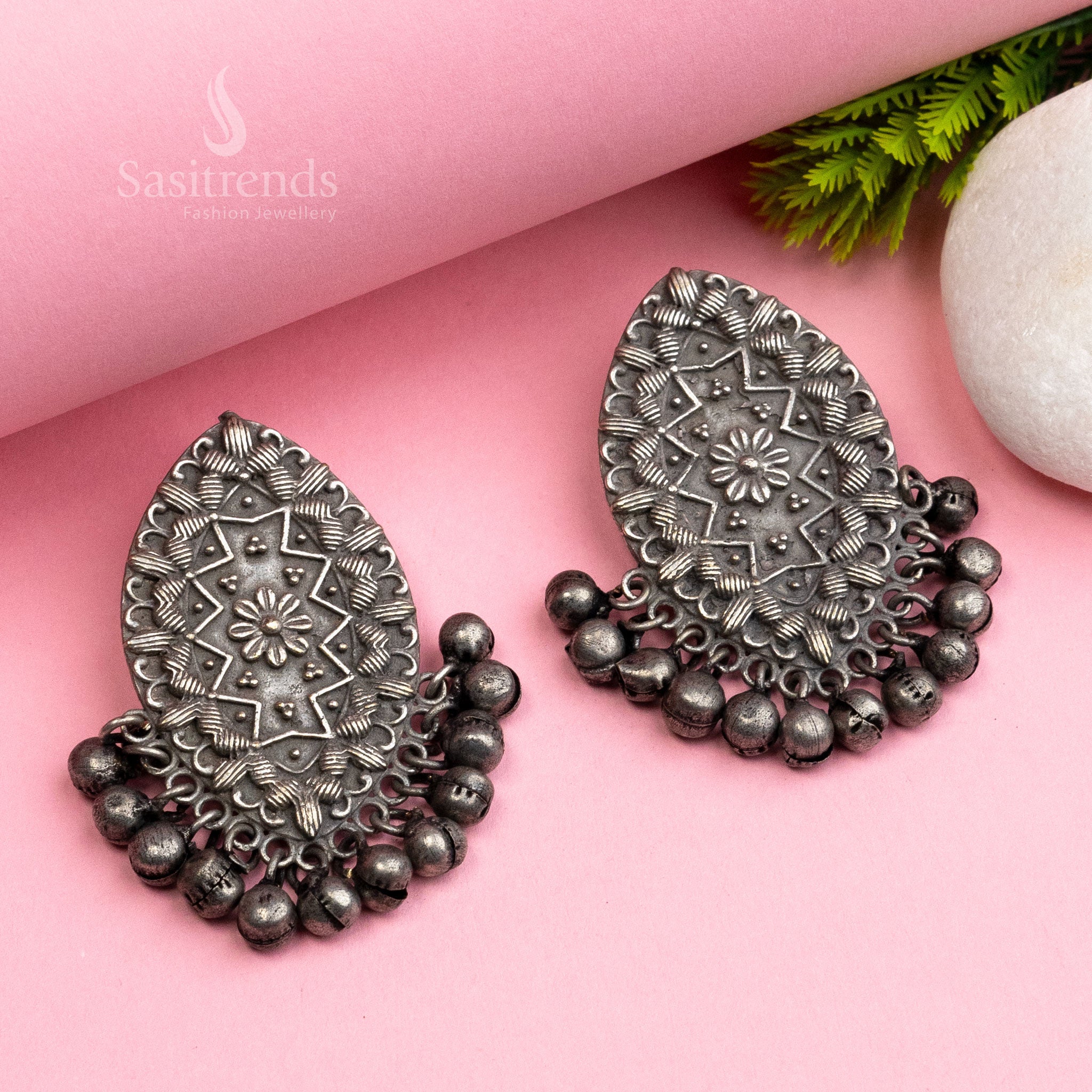 Trendy Oval Shaped Oxidised Silver Look Earrings with Ghungroo Beads  Sasitrends