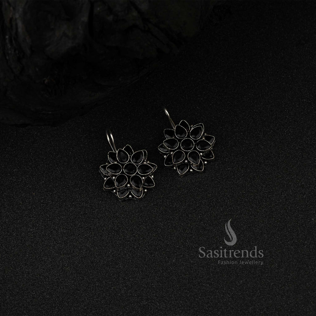 Oxidized German Silver Pearl with Rectangular Monalisa Stone Earrings