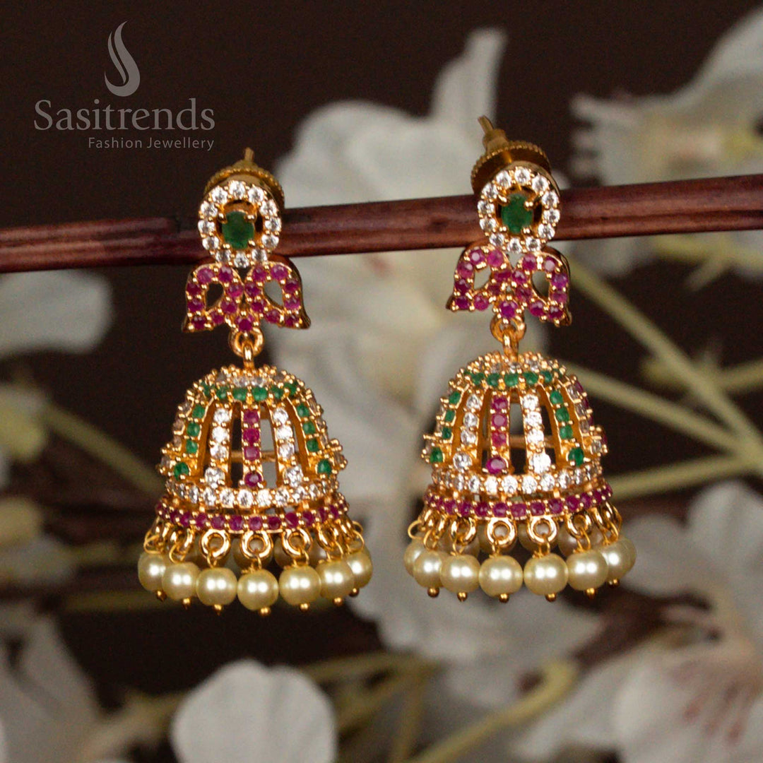 Colourful Multi Stone American Diamond Micro Gold Plated Jhumka Earrings With Pearls And Rich Traditional Mango Motif Jewellery - Sasitrends