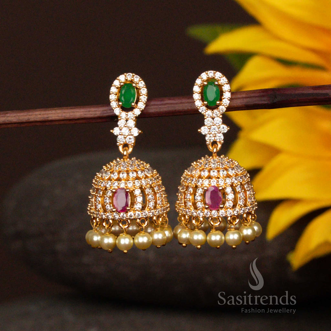 Colourful Multi Stone Micro Gold Plated Jhumka Earrings With Multi Gem Pearl Dropping And Traditional Mango Leaf Motif Jewellery - Sasitrends