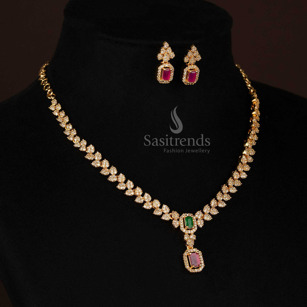 Multi-colour AD-studded micro gold plated necklace with elegant leaf design and rectangular drop pendant – a designer jewellery set with matching earrings – Sasitrends