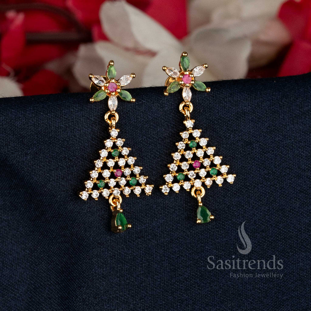 Vibrant Multi Micro Gold Plated AD Stone Floral Triangular Pattern Stud Earrings featuring colourful stone arrangements with detailed artistry, ideal for festive wear and grand cultural occasions — Sasitrends