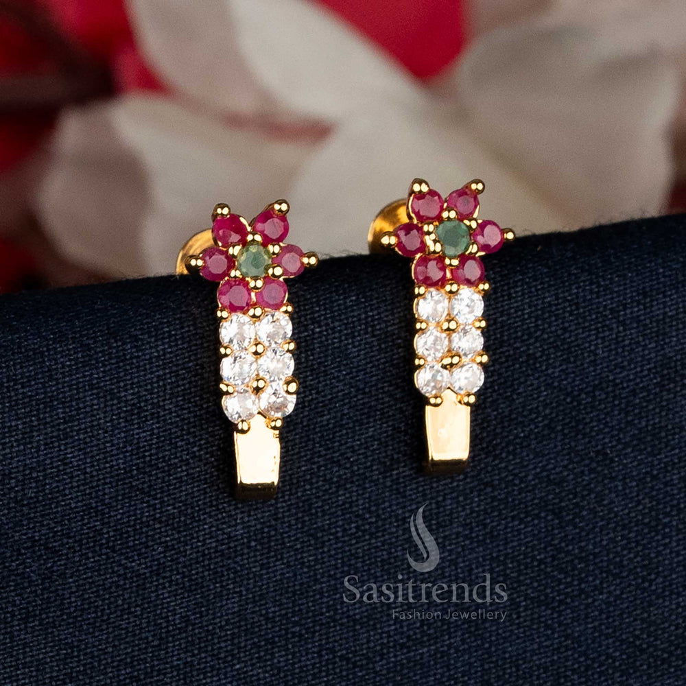 Vibrant Multi Micro Gold Plated Floral AD Stone Earrings adorned with colourful gem highlights, reflecting festive vibrancy and cultural charm for traditional attire — Sasitrends