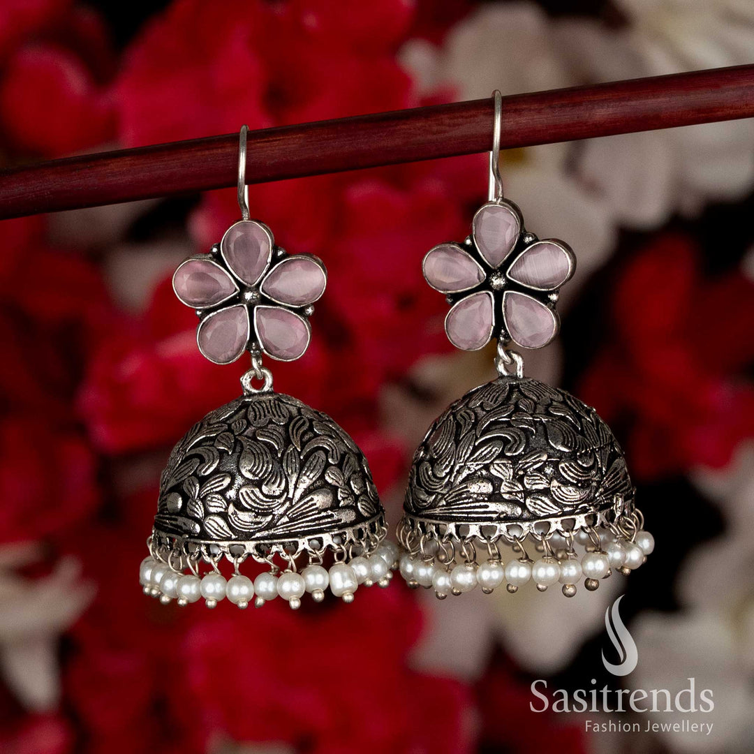 Stylish Pink Party Oxidised Floral Jhumkas with Pearl Drops Featuring Fish-Hook Closure, Ideal for Black Saree Ethnic Navaratri Looks-Sasitrends