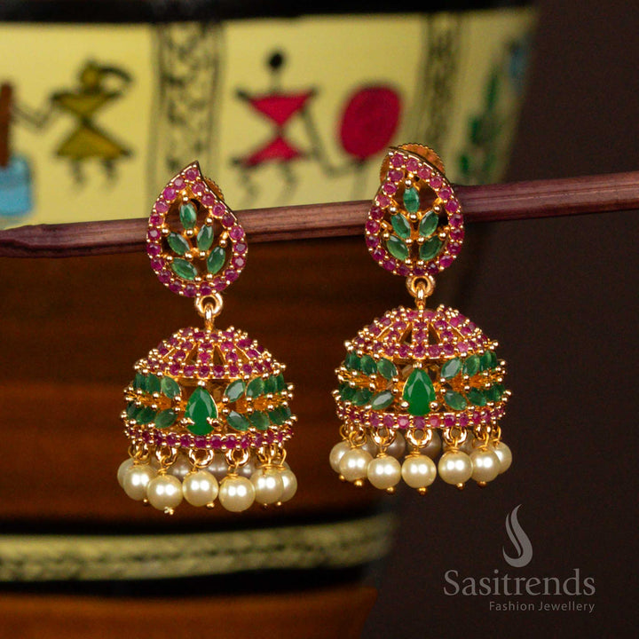 Elegant Ruby And Green Stone Micro Gold Plated Leaf Motif Jhumka Earrings With Pearls And Cluster Design Festive Jewellery - Sasitrends