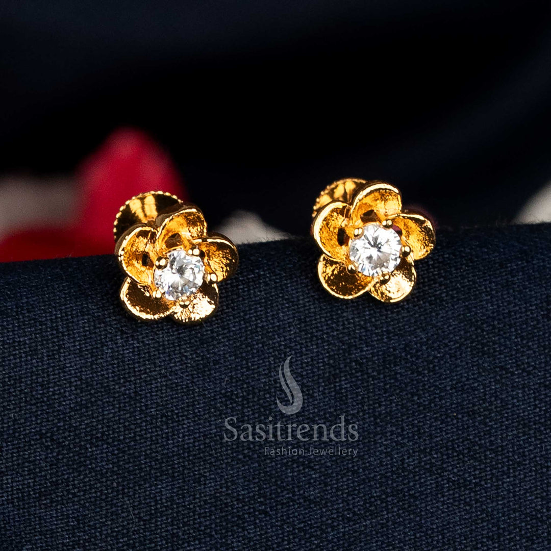 Radiant white Impon Addigai micro gold plated floral solitaire AD stone stud earrings designed for traditional charm and elegant festive occasions – Sasitrends