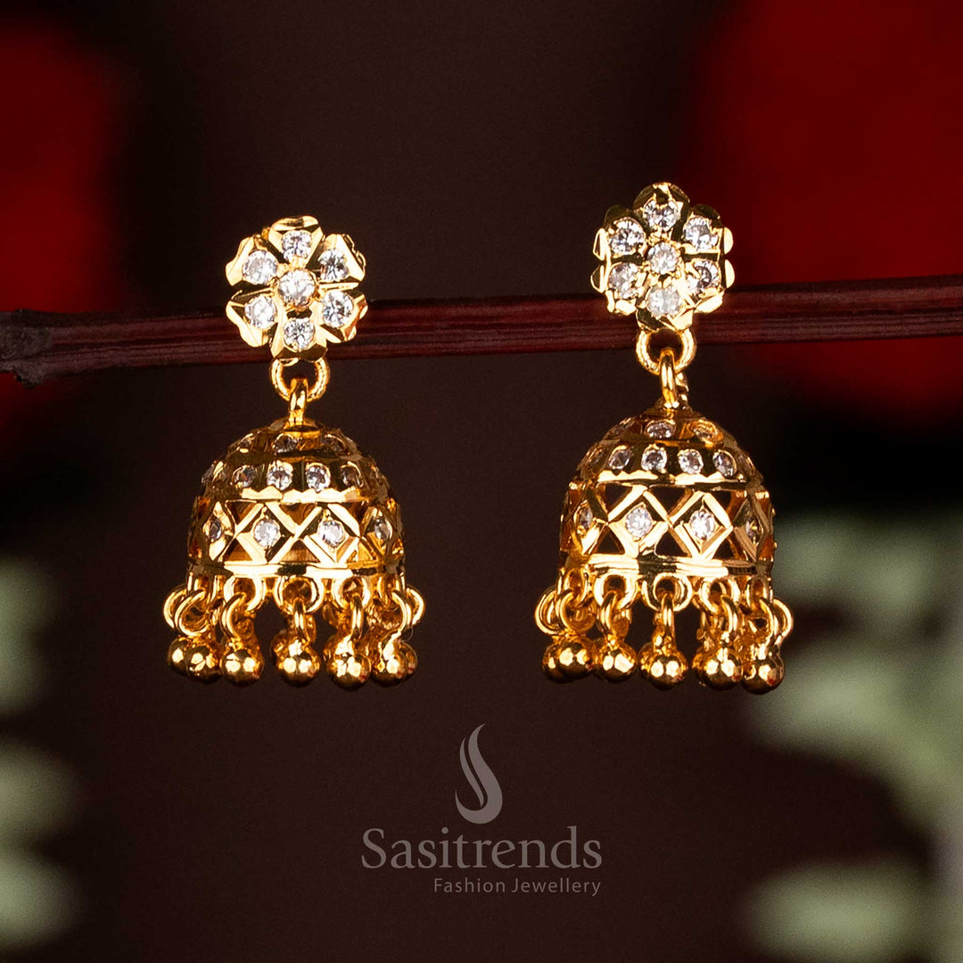 Elegant white guaranteed Impon Addigai micro gold plated AD stone flower stud top jhumka earrings, designed for traditional festive wear and ethnic ensembles with exquisite craftsmanship by Sasitrends