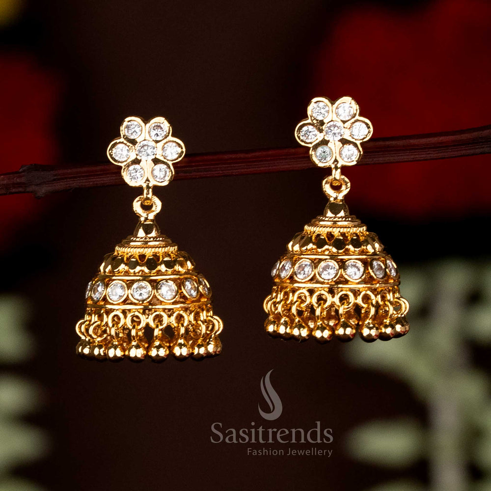 Elegant white Impon Addigai micro gold plated floral screw jhumka earrings, designed for traditional festive celebrations and enhancing saree wear with delicate charm by Sasitrends