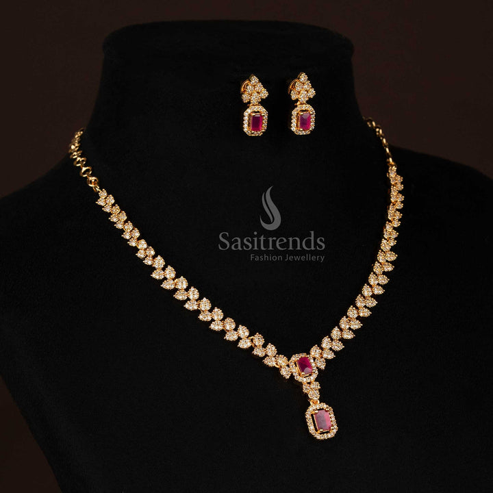 White-ruby micro gold plated necklace with delicate American diamond leaf design and rectangular stone pendant, paired with matching earrings – festive charm jewellery set – Sasitrends