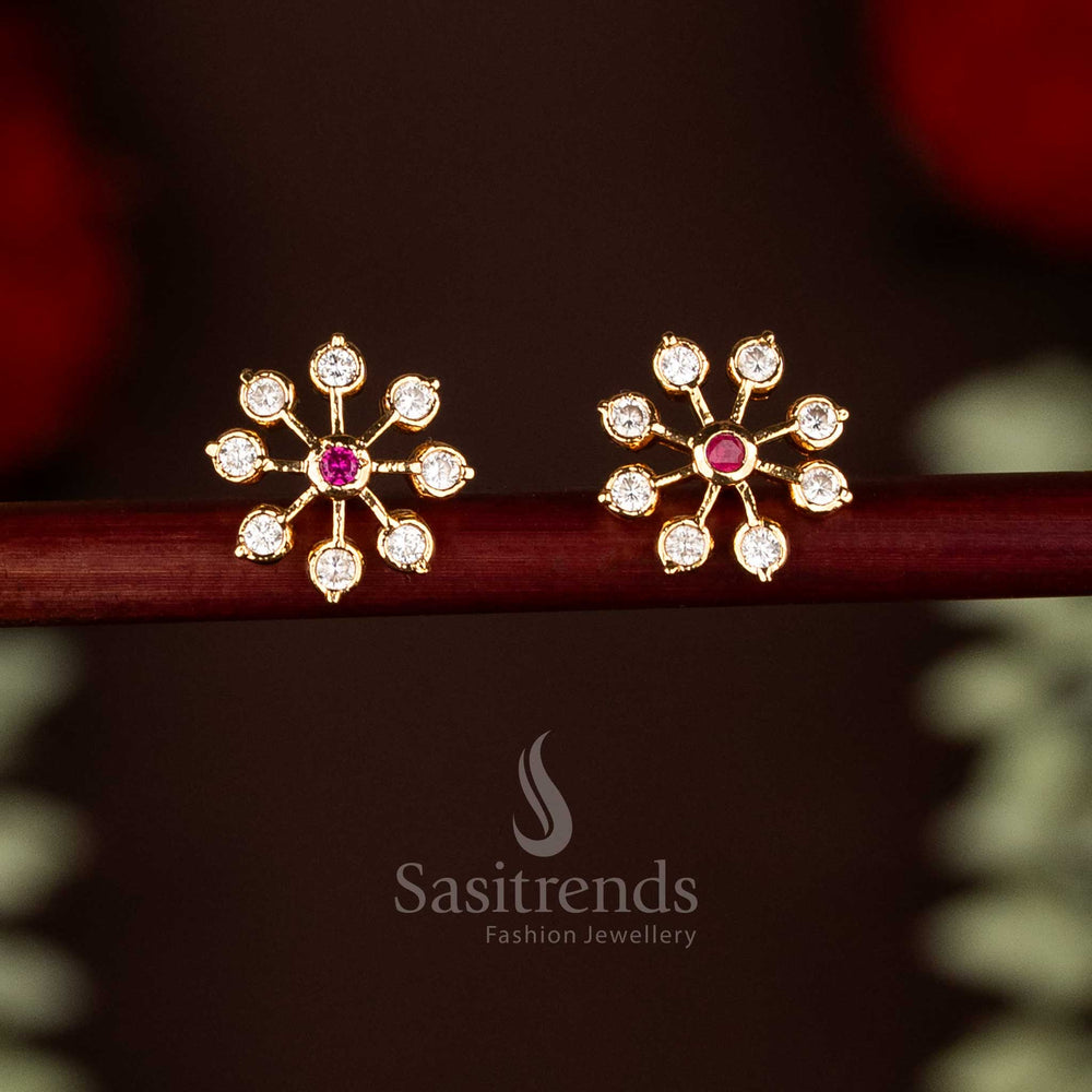 Graceful white-ruby micro gold plated Impon Addigai AD stone snowflake stud earrings, perfect for festive traditional saree ensembles and classic ethnic charm by Sasitrends