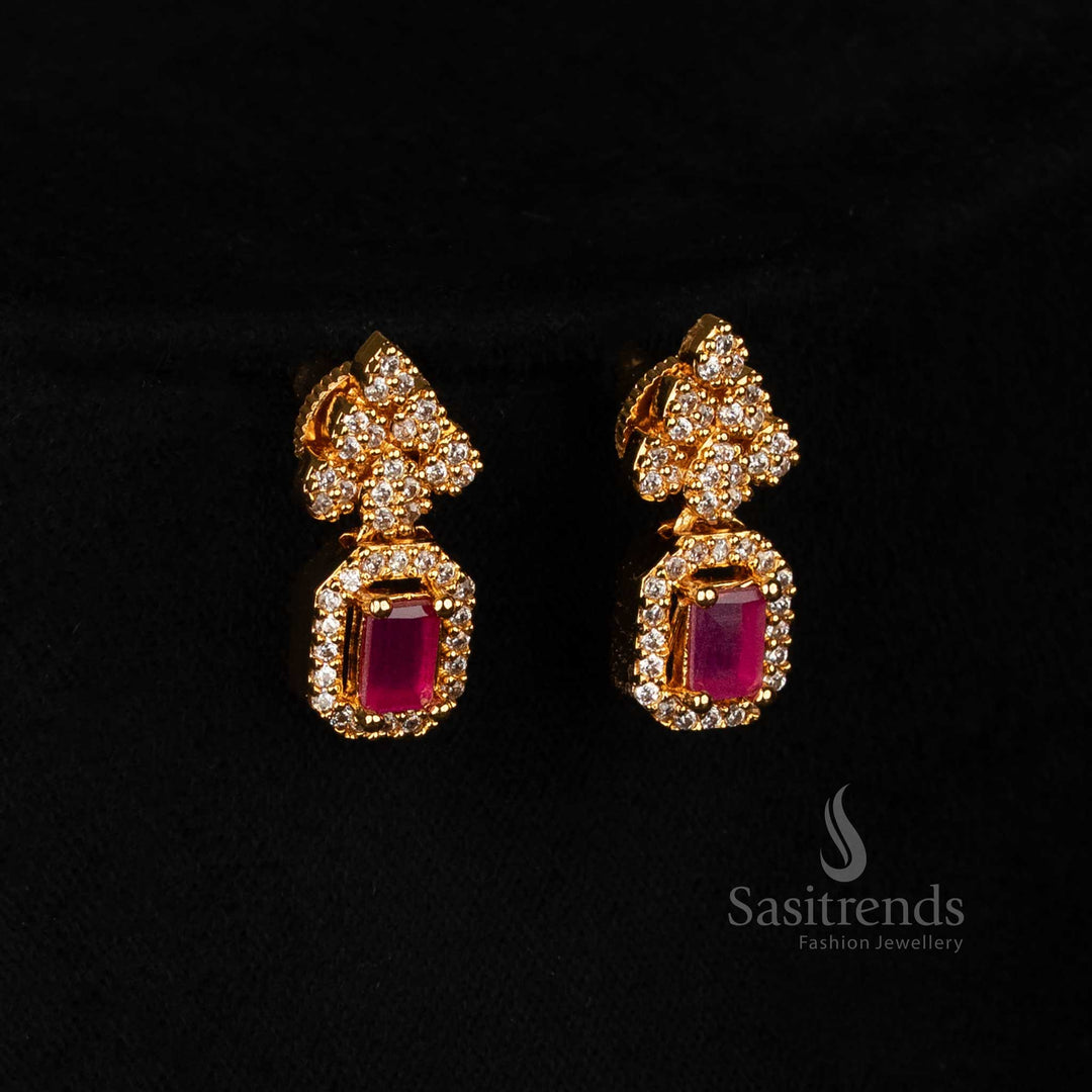 Micro gold plated necklace with delicate American diamond leaf design and rectangular stone pendant, paired with matching earrings – festive charm jewellery set – Sasitrends