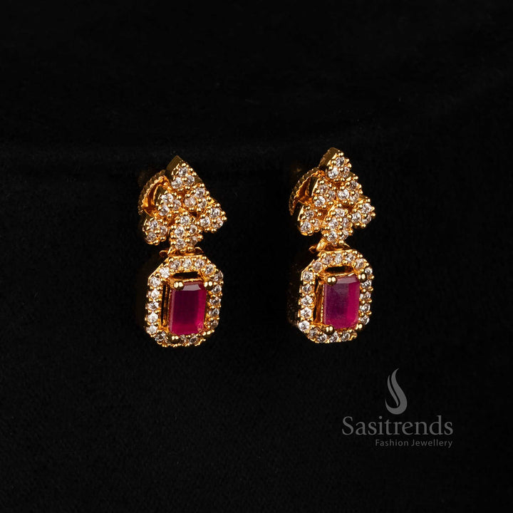 Micro gold plated necklace with delicate American diamond leaf design and rectangular stone pendant, paired with matching earrings – festive charm jewellery set – Sasitrends