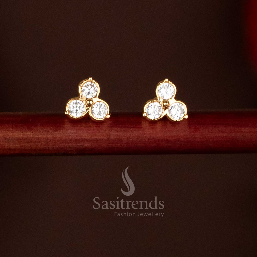 Guaranteed Impon Addigai Micro Gold Plated AD Stone Trinity Motif Stud Earrings - Sasitrends