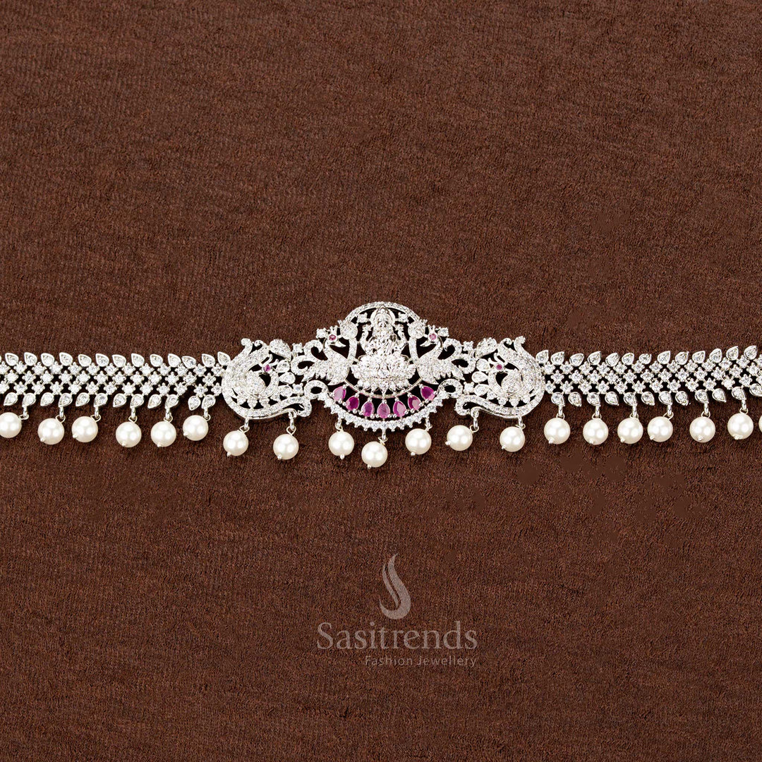 Rhodium Plated Hipbelt with Goddess Lakshmi and Peacock Motif – 2069B by Sasitrends