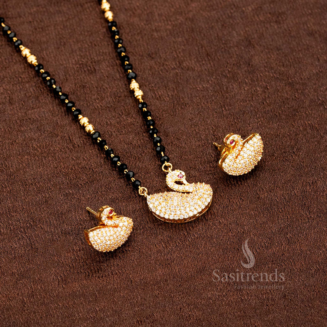 Elegant Micro Gold Plated white Beads Mangalsutra Chain with Swan Pendant Set - Sasitrends