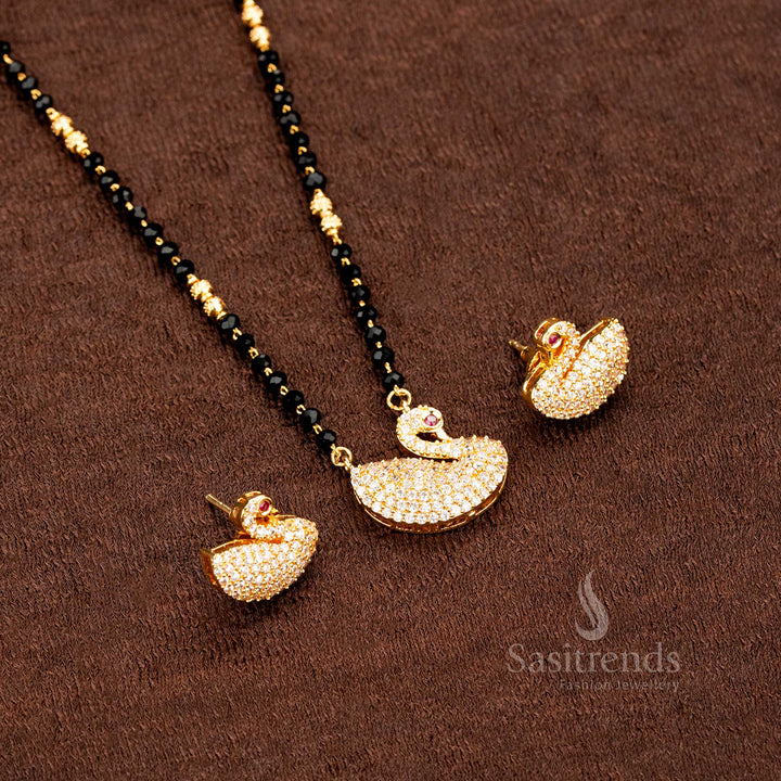 Elegant Micro Gold Plated white Beads Mangalsutra Chain with Swan Pendant Set - Sasitrends