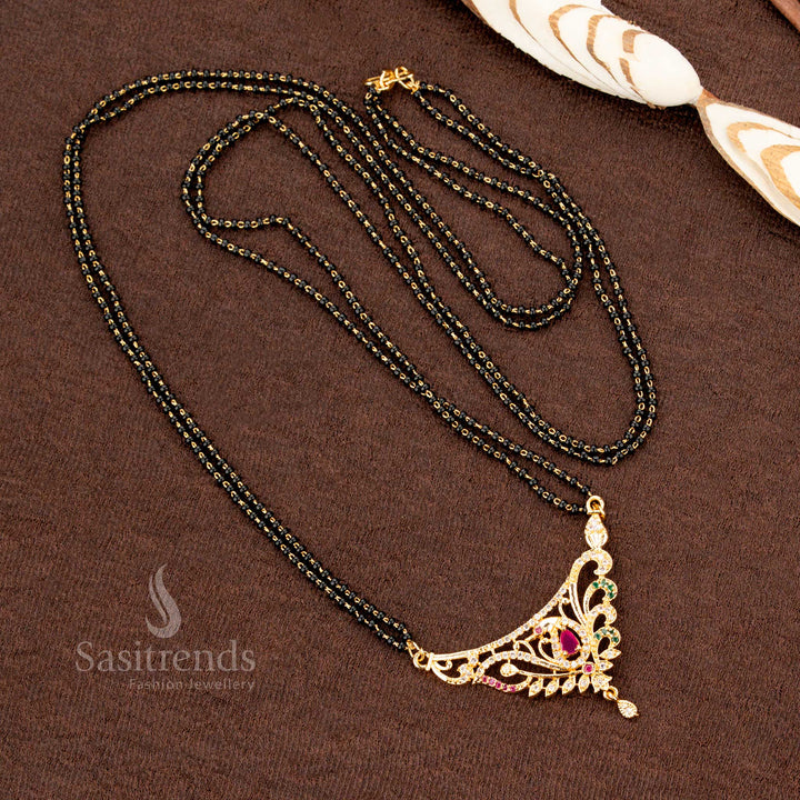 Delicate micro gold plated Mangalsutra chain with black beads and an AD pendant, a beautifully crafted traditional wear jewellery design - Sasitrends