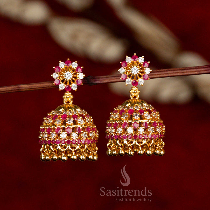 Elegant Glow White Ruby Jhumka Round Earrings – Micro Gold Plated with AD Beads – Real Gold Style Desi Jewellery – Sasitrends