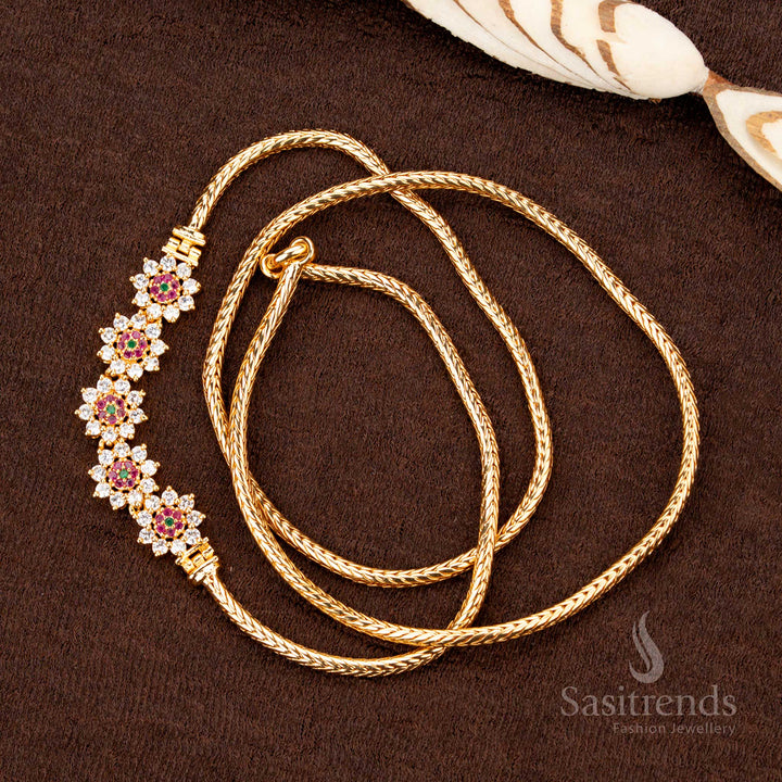 Exquisite multi-tone one-gram micro gold plated Peacock Mugappu chain with 5-flower detailing and AD stones