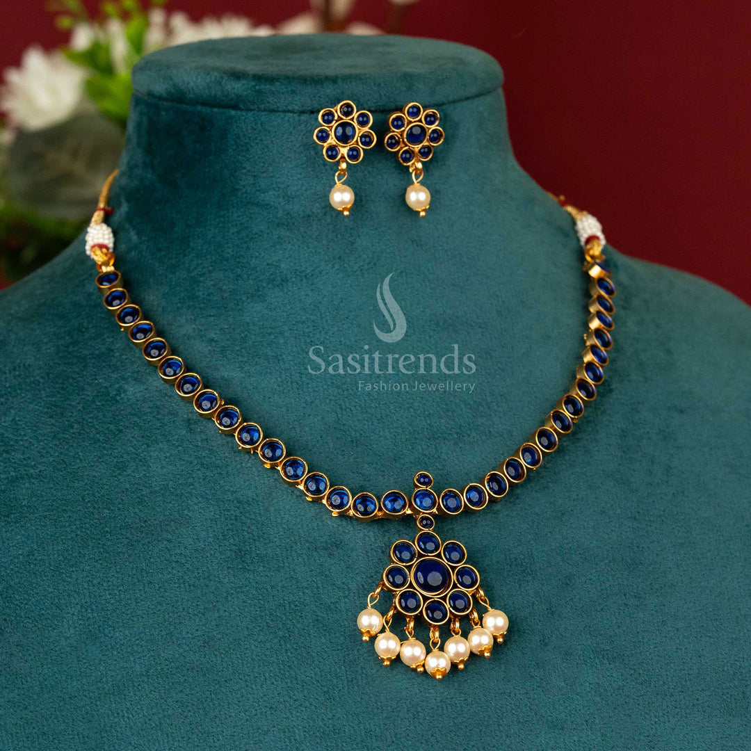 Bold blue Kemp stone temple necklace in matte gold with soft pearl touches – vibrant jewellery for cultural occasions – sasitrends