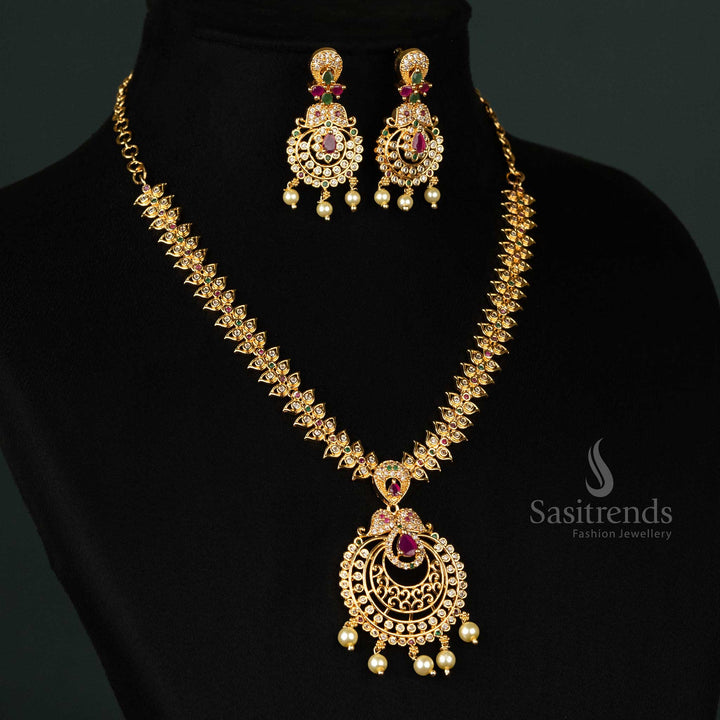Beautiful Micro Gold Plated AD Necklace Jewellery Set with Floral Pattern, Circular Pendant, and Pearl Drops - Sasitrends