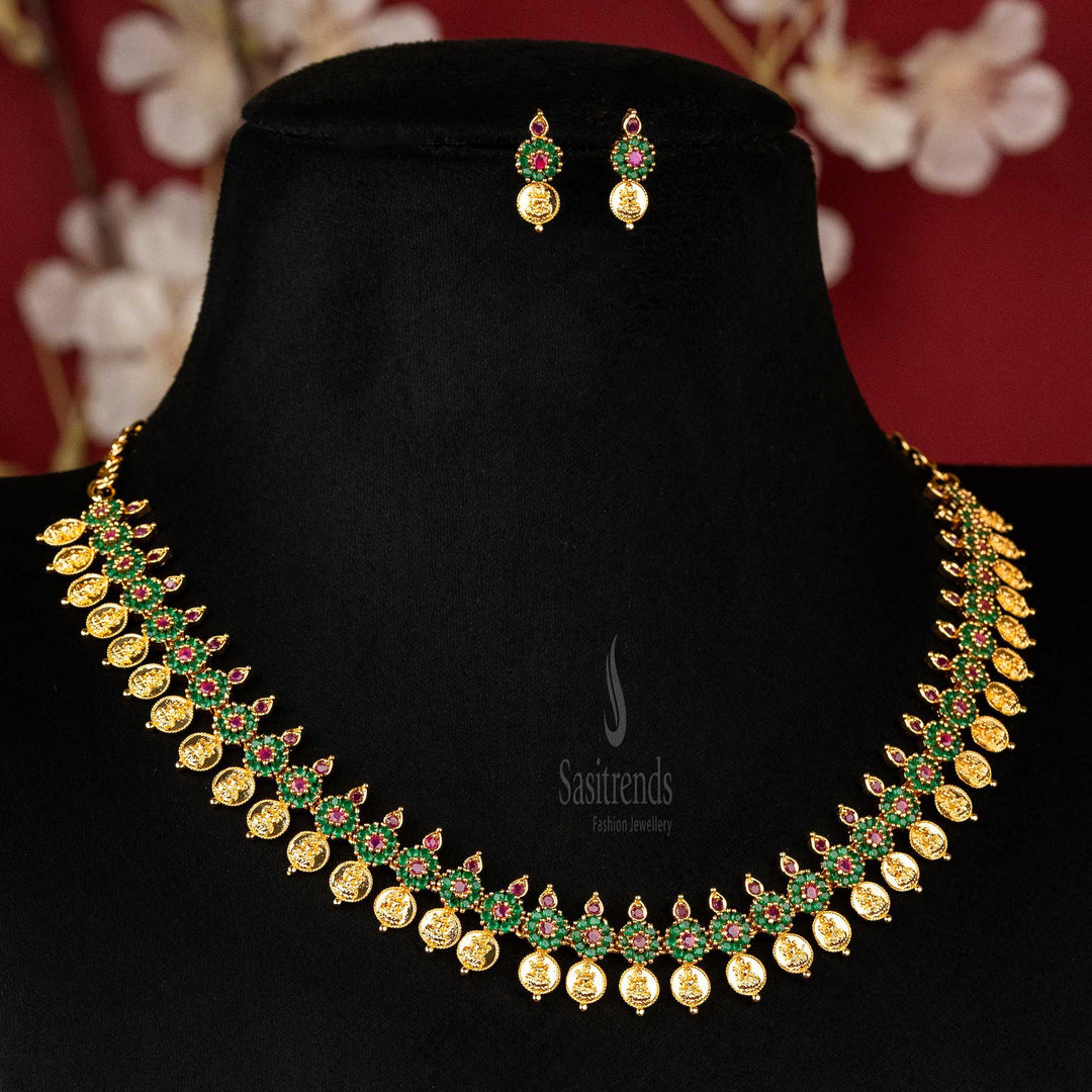 Vibrant Ruby-Green Lakshmi Coin Jewellery Set with gold plating and AD stones