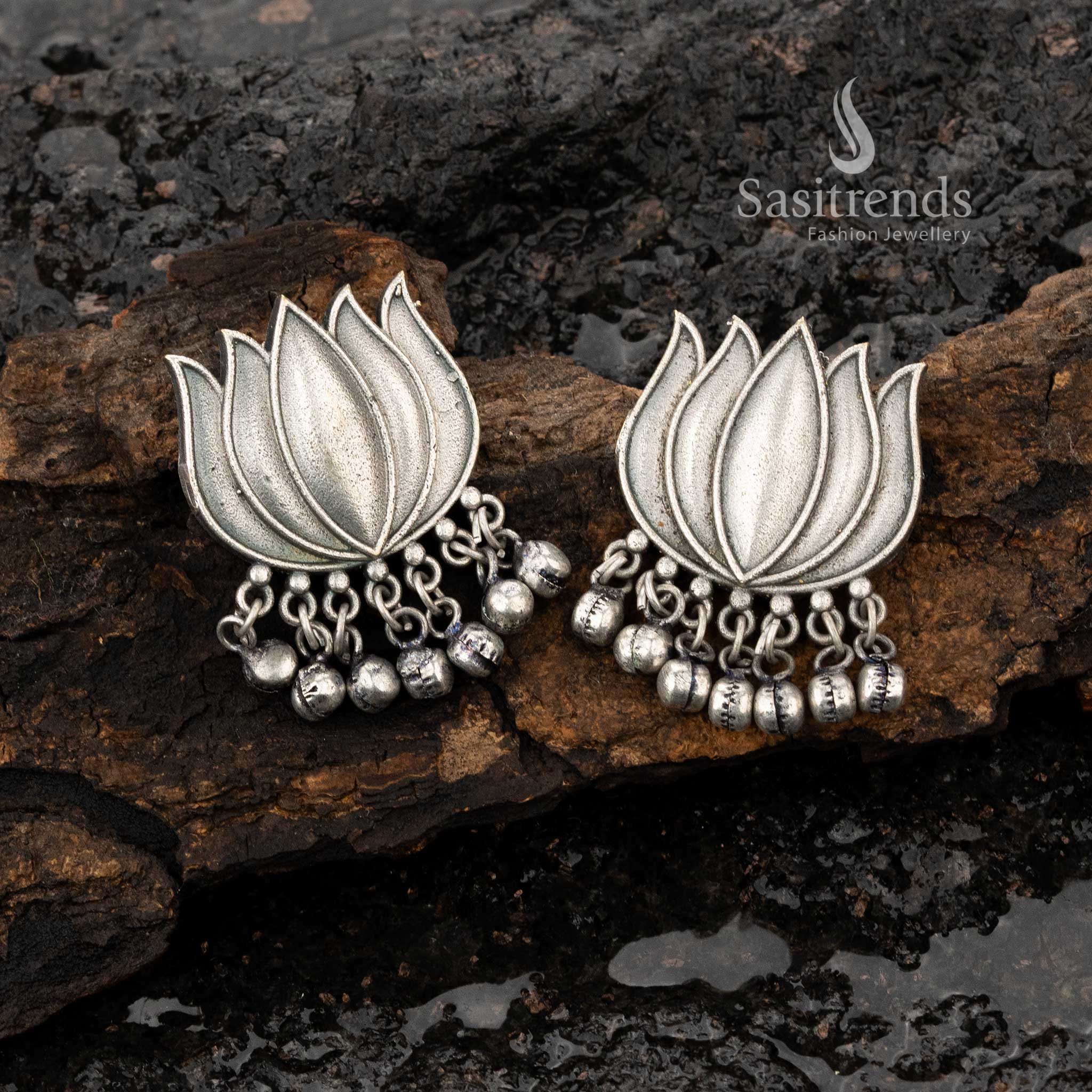 Silver Replica Oxidised Lotus Earrings with Beads – Sasitrends