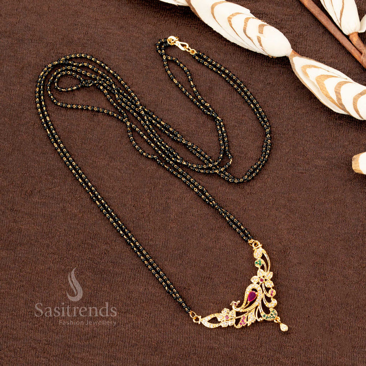 Royal micro gold plated Mangalsutra chain with black beads and an American Diamond jewellery set, designed for exquisite traditional wear - Sasitrends