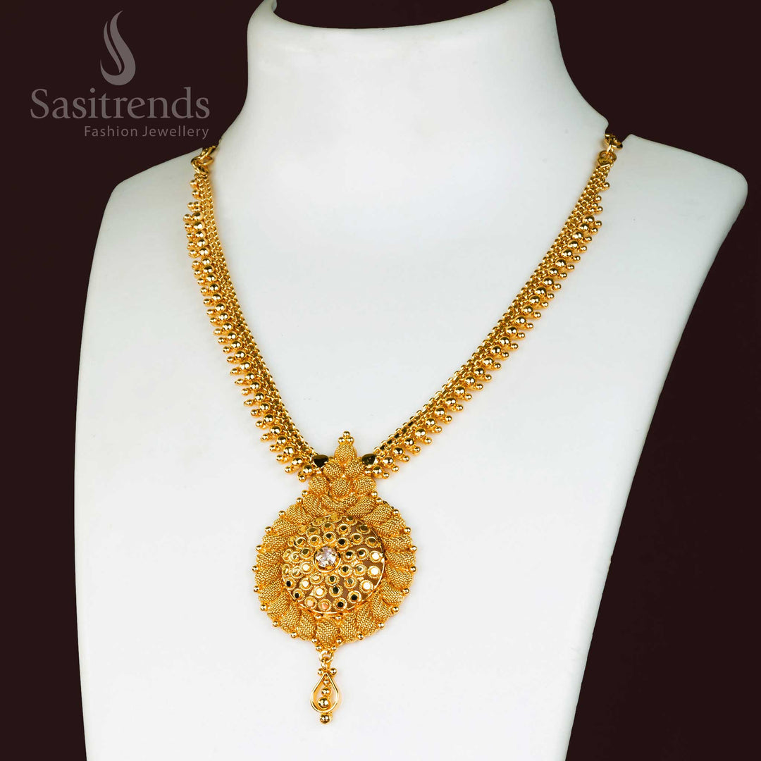 Exquisite Micro Gold Plated Floral Pendant Necklace for Traditional Wear, adorned with dazzling White Stones - Sasitrends