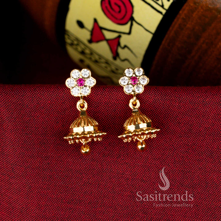 Guaranteed Impon Addigai Micro Gold Plated Floral Dome Jhumka Earrings with Bead Drop for Traditional Wear