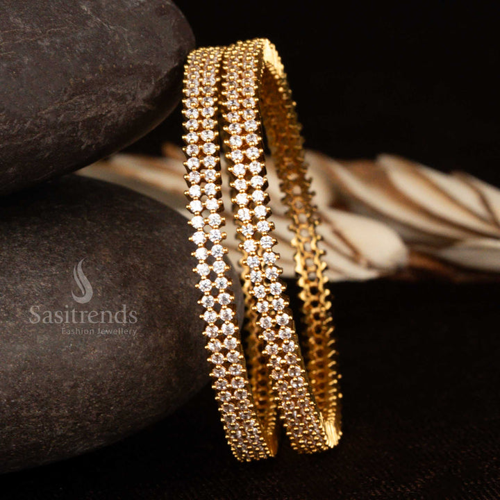 Classic two-row sparkling white AD stone micro gold plated bangles with 1-year guarantee and royal finish, radiating grace for Indian occasion wear from Sasitrends