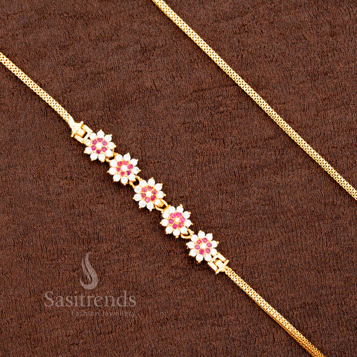 Classic glow Mugappu chain with white-ruby stones and floral motifs, micro gold plated finish – ethnic charm for saree looks – sasitrends